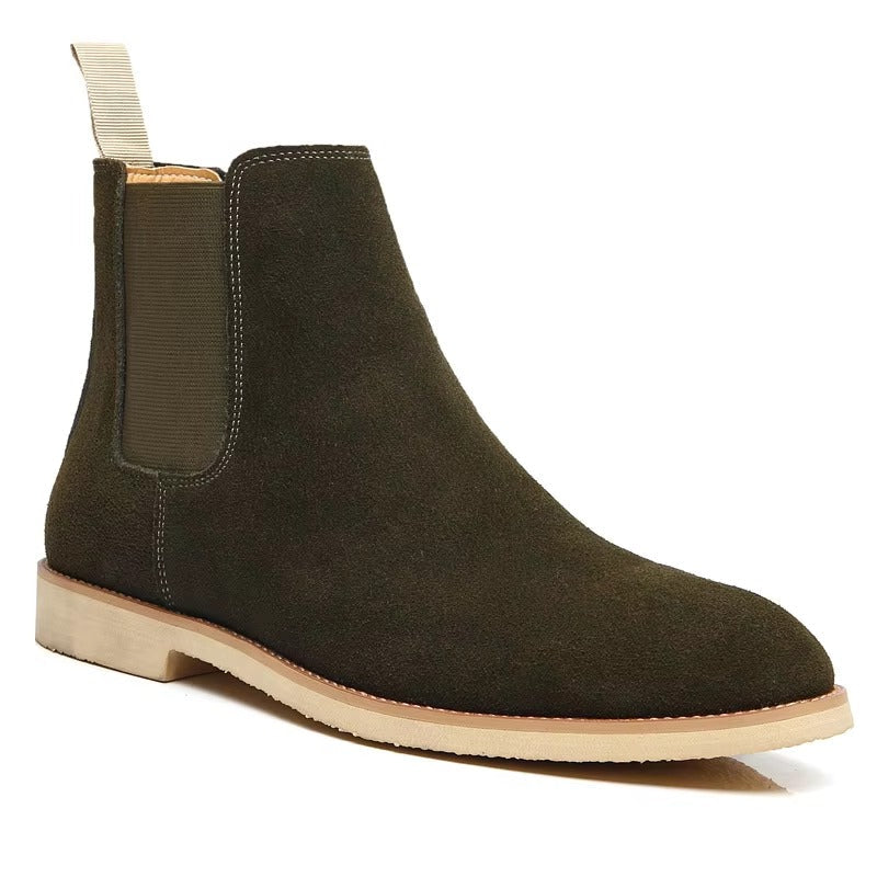 Stylish men's office shoes featuring a dark tan suede-look texture and round toe.