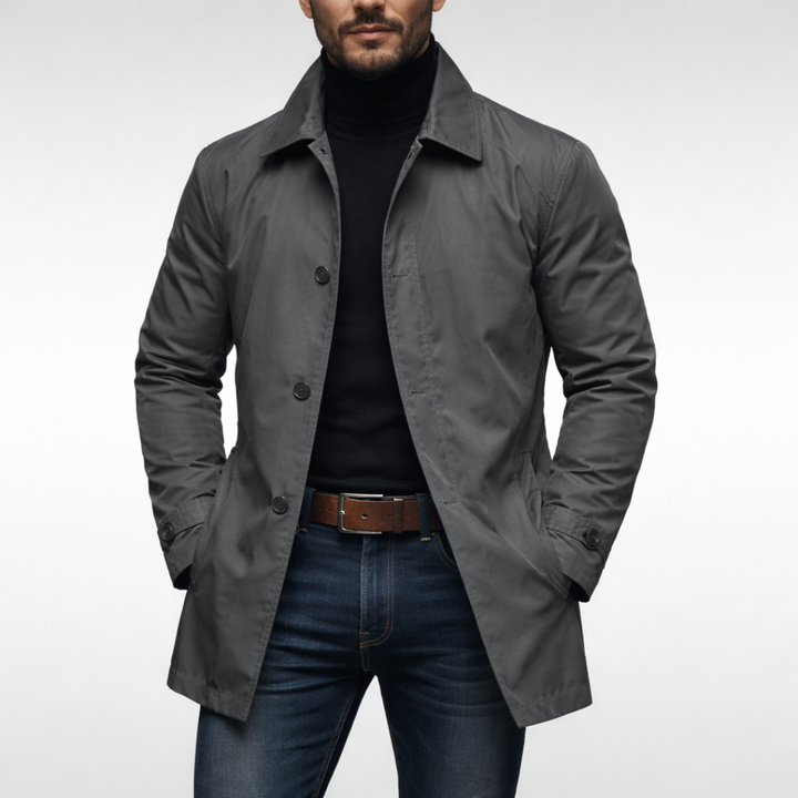 Stylish men's car coat with a classic button-front closure, perfect hip-length outerwear for business & cold weather.