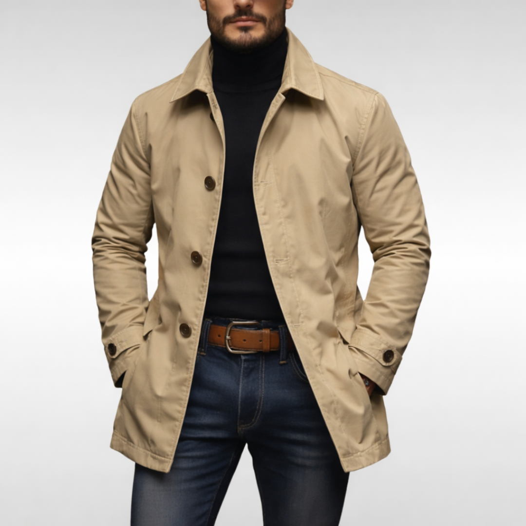 Timeless men's car coat, a stylish button-front jacket providing warmth & comfort for any cold weather occasion.