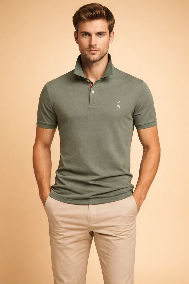 Close-up of the tailored fit on a men's short sleeve polo shirt, showing quality stitching.