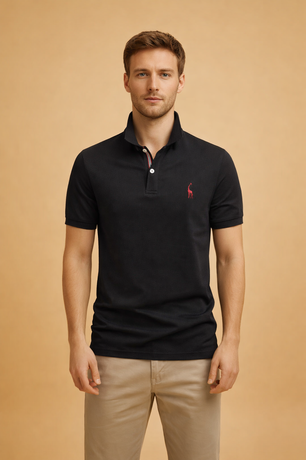 Man wearing a men's classic polo shirt in white, perfect for everyday wear and timeless style.