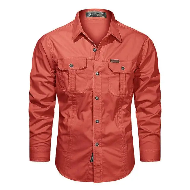 Men's classic fit long-sleeve cargo shirt in khaki, featuring multiple utility pockets.