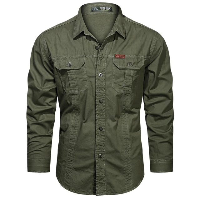 Close-up of the durable fabric and functional pockets on a men's casual cargo shirt.