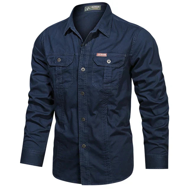 Versatile beige long-sleeve utility shirt for men, designed with ample pocket space.