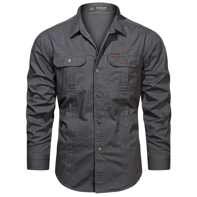 Model showing the comfortable fit of a men's long-sleeve cotton cargo shirt.