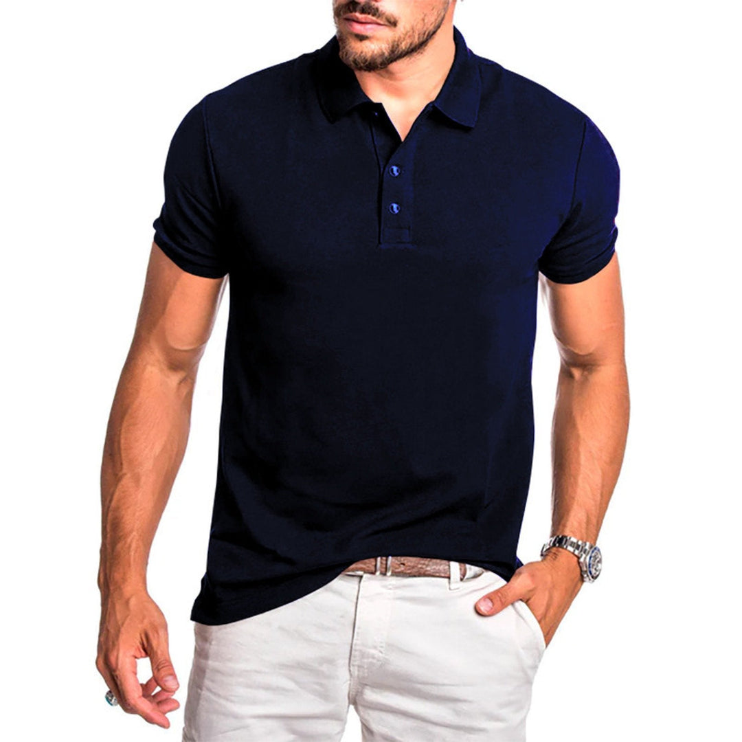 Close-up of the textured fabric on a men's classic fit smart casual polo shirt.