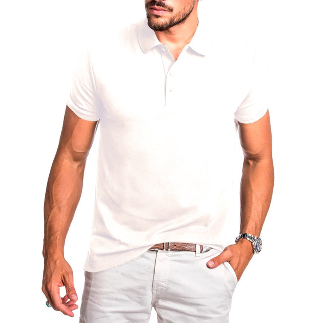 Model wearing a men's short sleeve polo shirt in a classic fit, styled smart casual.