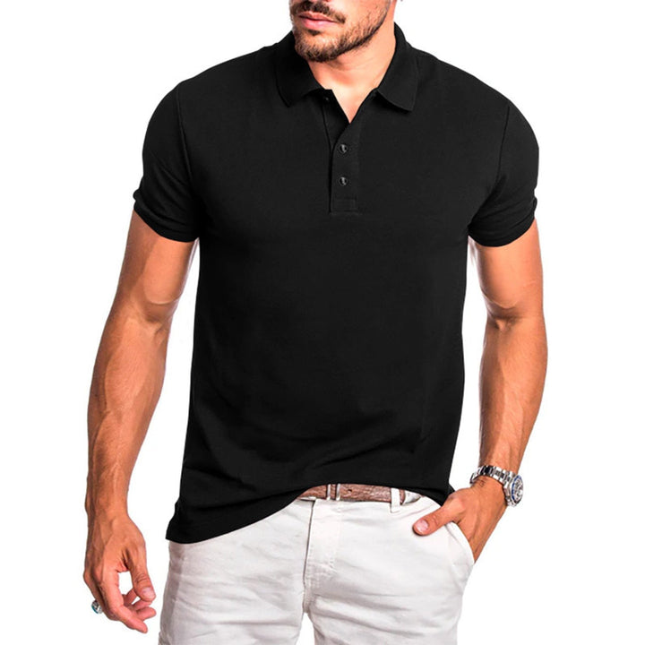 Side view of a men's tailored fit polo shirt, showcasing its smart casual silhouette.