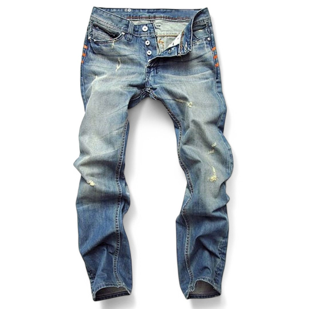 Men's classic straight leg jeans for everyday comfort. Versatile blue denim pants, ideal for casual wear.