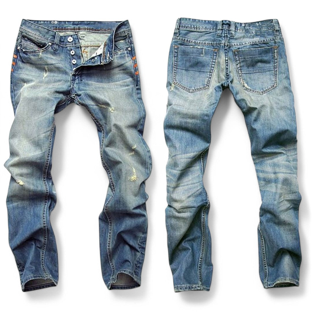 Classic fit straight leg men's jeans in durable blue denim. Perfect for casual, everyday wear & timeless style.