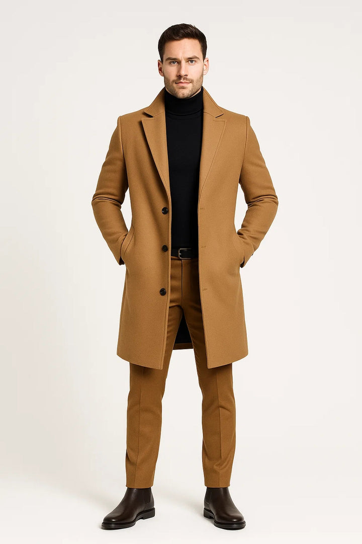 Men's classic lapel long winter coat in black, perfect for elegant formal or stylish casual outerwear.