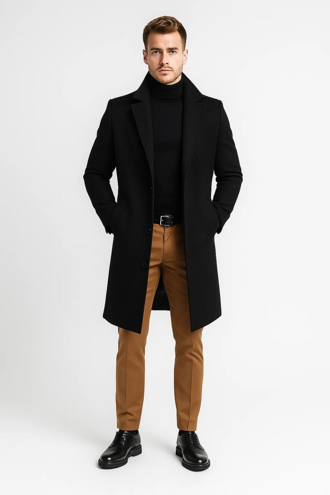 Stylish men's straight cut long coat with classic lapel, ideal for winter fashion and elegant outerwear.