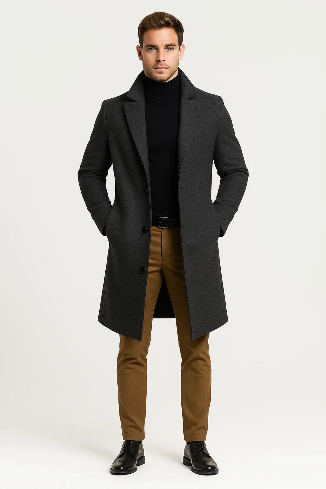 Elegant men's long winter coat with a classic lapel, suitable for both formal and casual stylish outerwear.