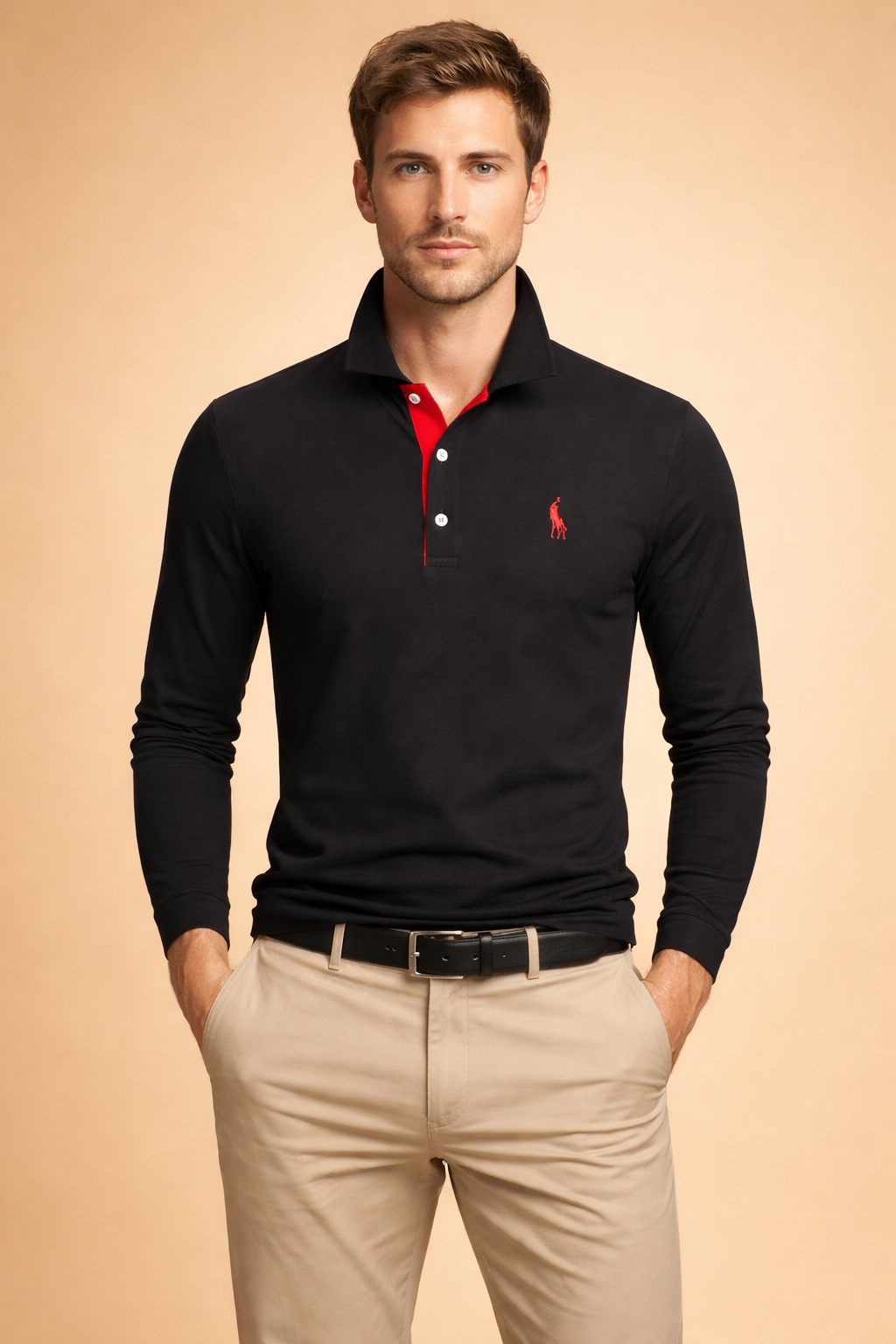 Men's classic long sleeve polo shirt in navy blue, perfect for smart casual occasions.