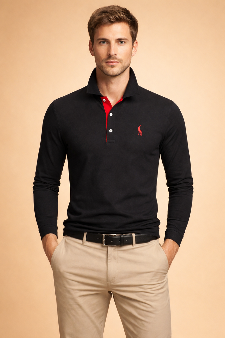 Men's classic long sleeve polo shirt in navy blue, perfect for smart casual occasions.