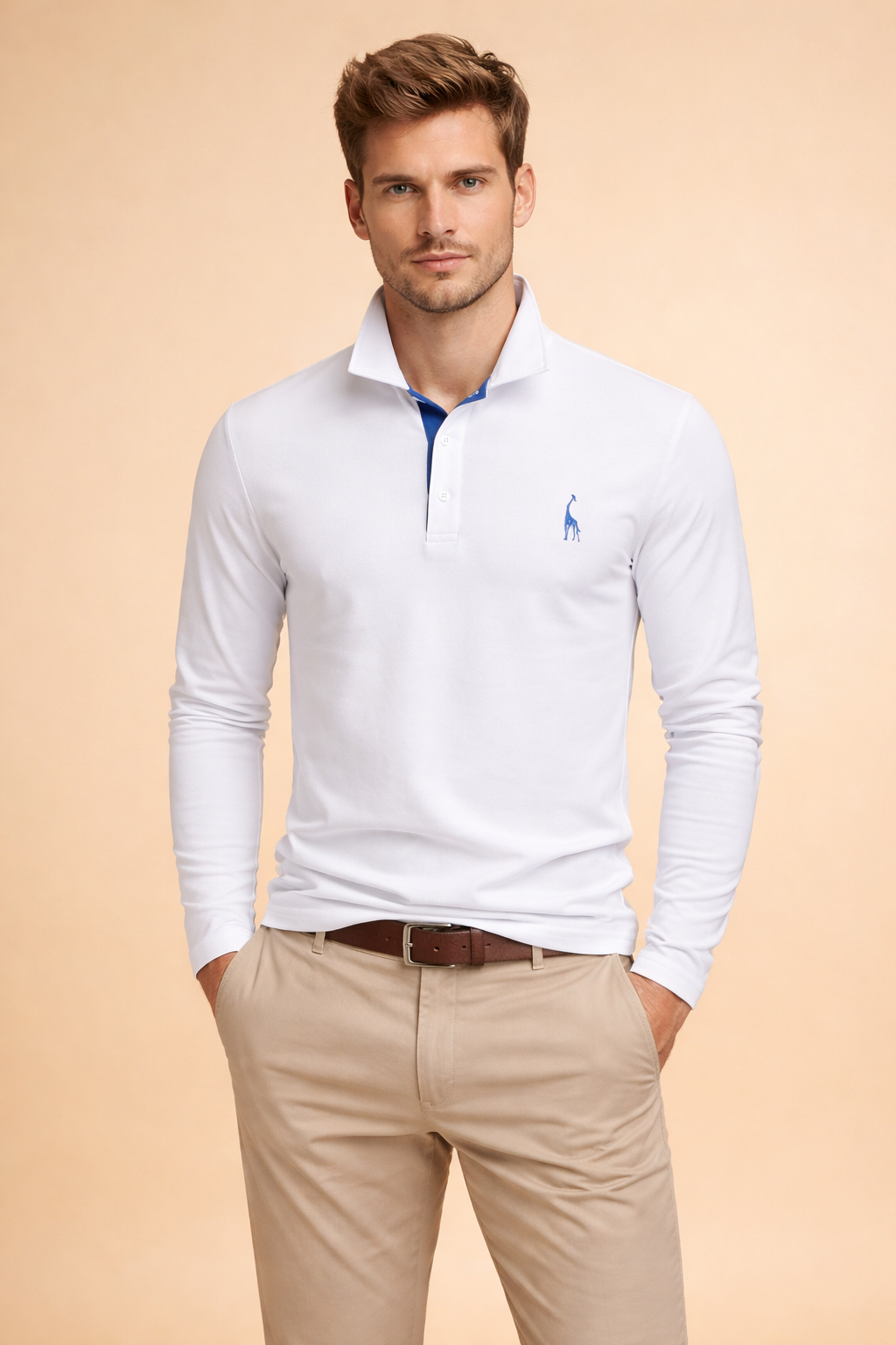 Close-up of the tailored fit on a men's long sleeve polo shirt, highlighting comfort.