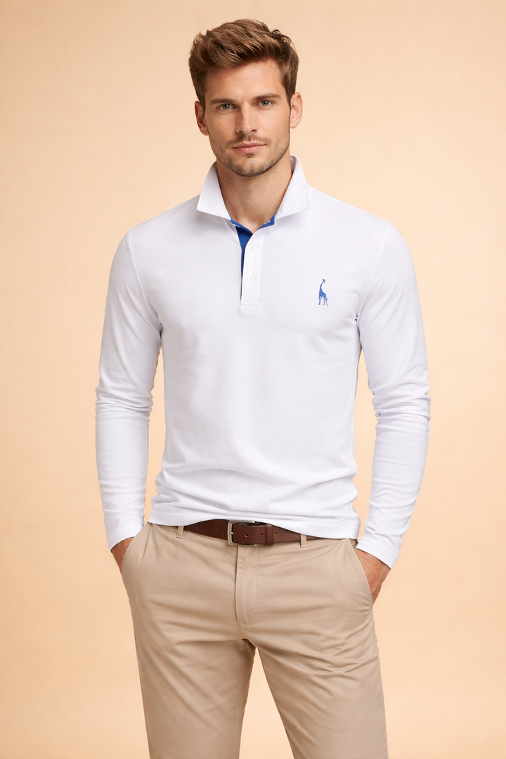 Close-up of the tailored fit on a men's long sleeve polo shirt, highlighting comfort.