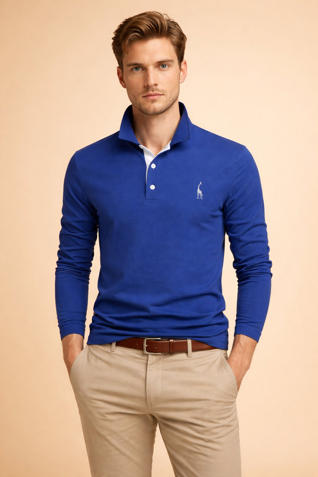Modern menswear: A man wearing a comfortable, classic long sleeve polo shirt.