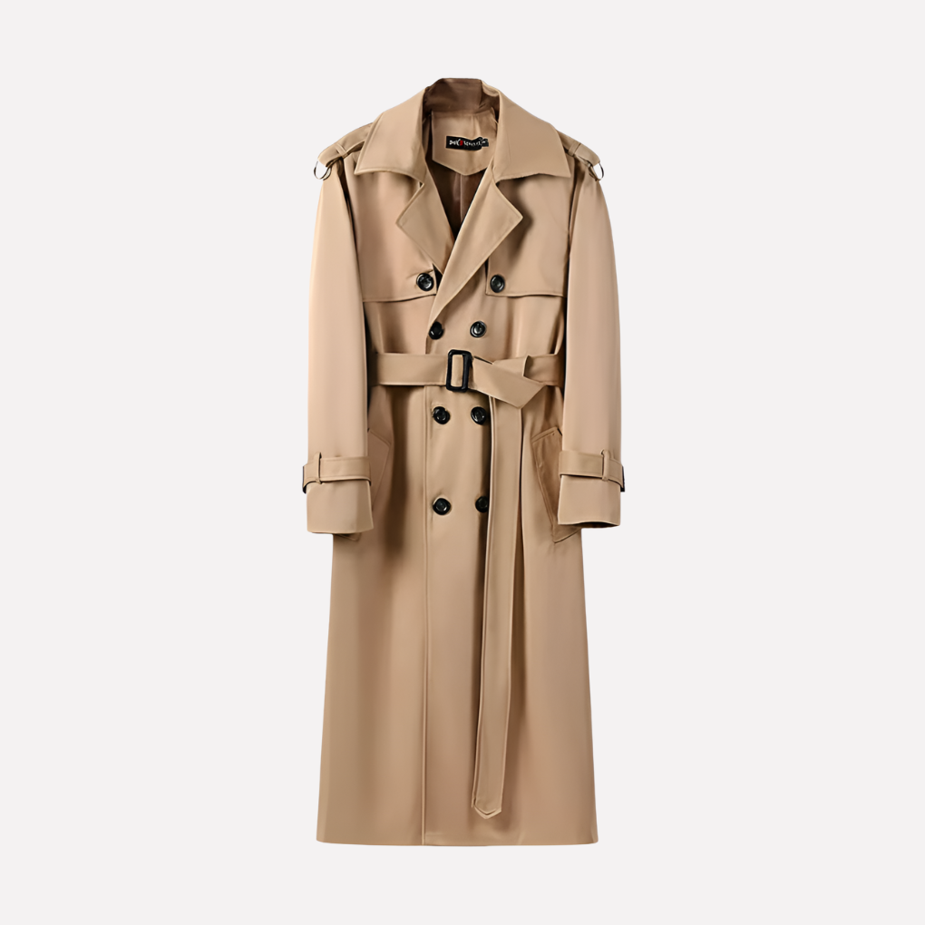 Men's classic over-the-knee belted trench coat in a sophisticated urban style, ideal for fall & winter outerwear.