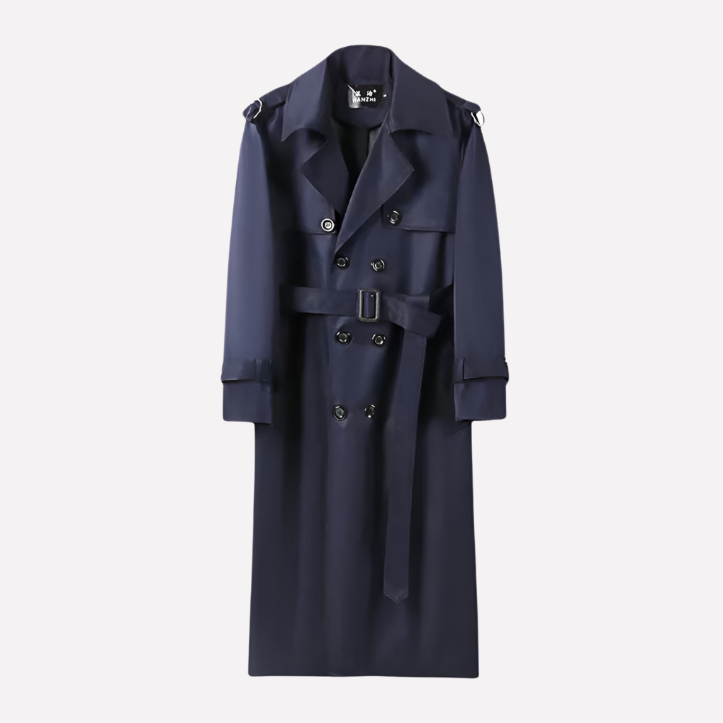 Stylish men's long belted trench coat, perfect for business casual or formal occasions. A versatile fall-winter jacket.