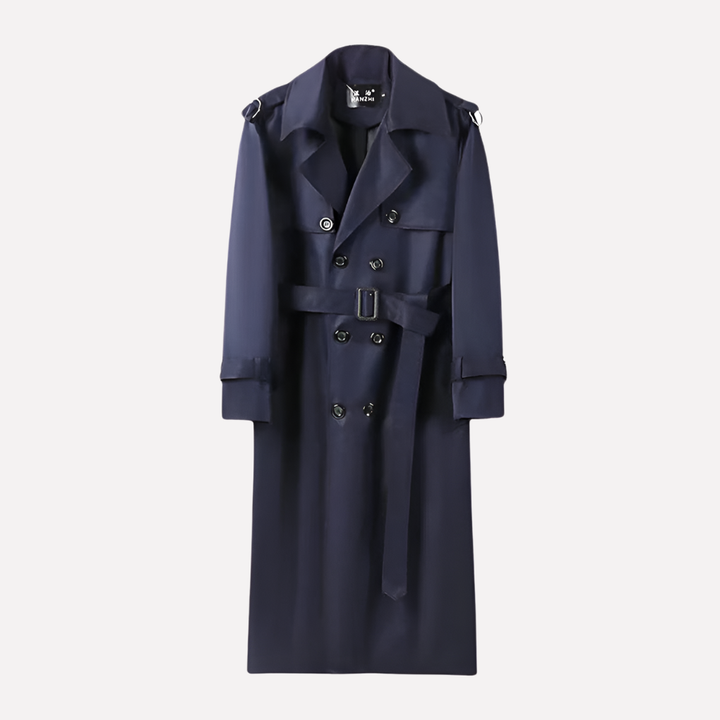Stylish men's long belted trench coat, perfect for business casual or formal occasions. A versatile fall-winter jacket.