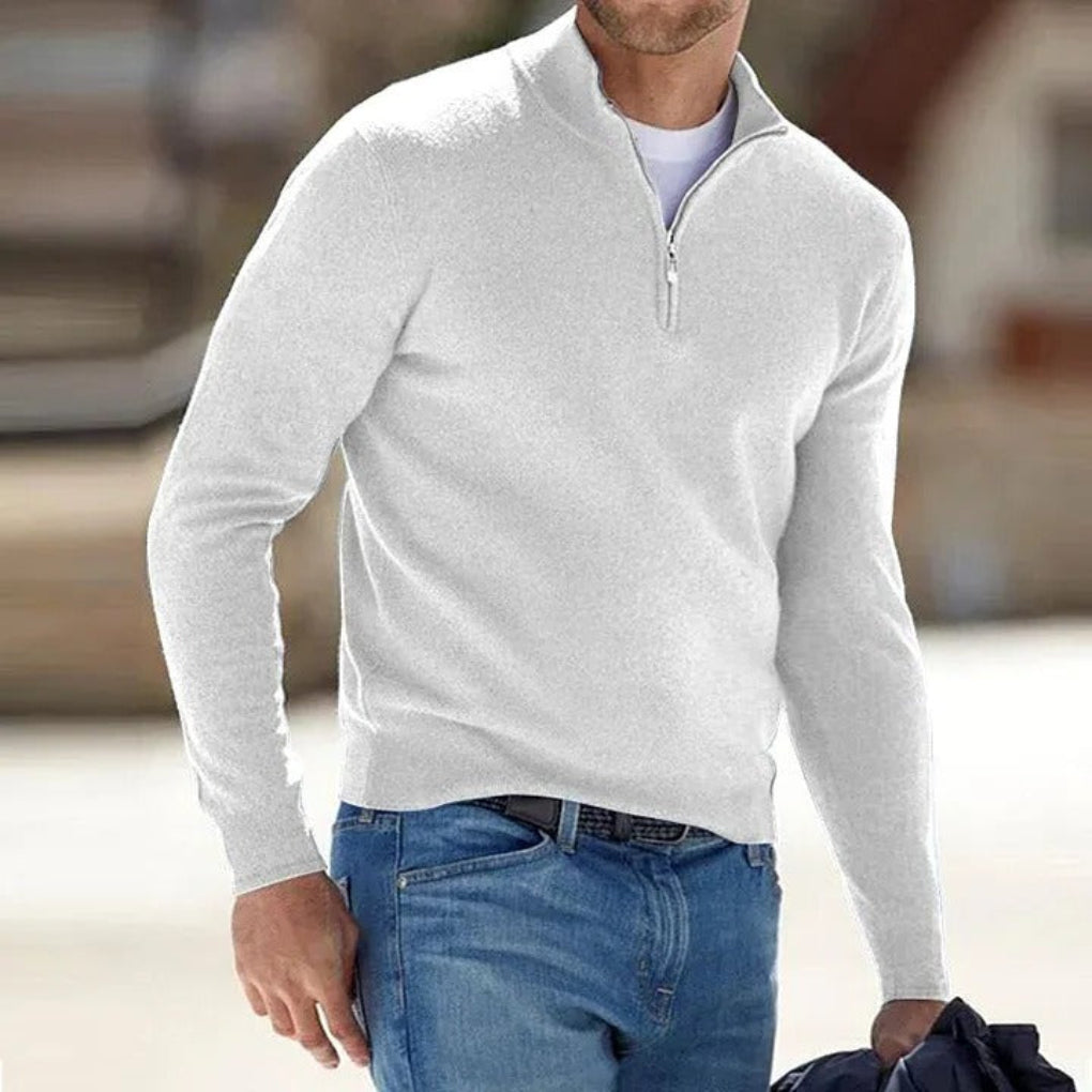 Menswear wardrobe essential: classic all-season zipper sweater.
