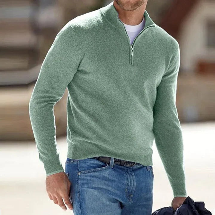 Comfortable and stylish men's knitted sweater with quarter zip.