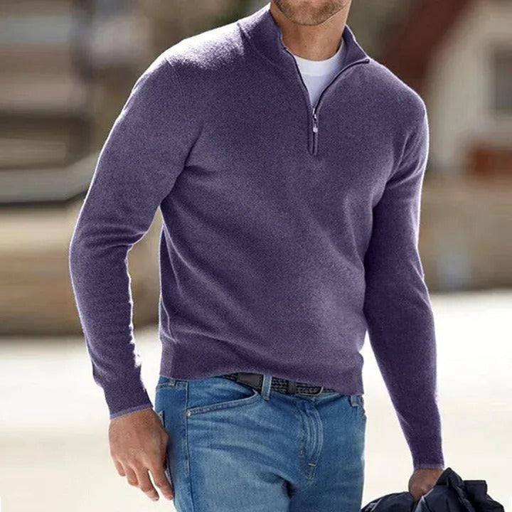 The perfect layering piece: men's knitted quarter zip sweater.