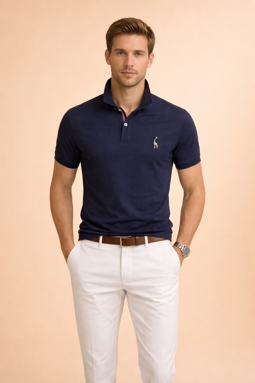 Men's classic short sleeve polo shirt with button neck and collar, tailored fit for smart casual wear.