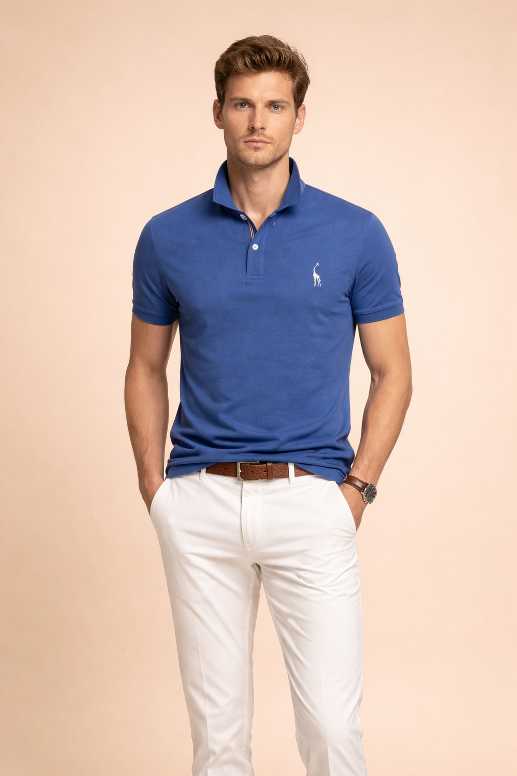 Close-up of the button neck and collar on a men's classic polo shirt, highlighting tailored fit.