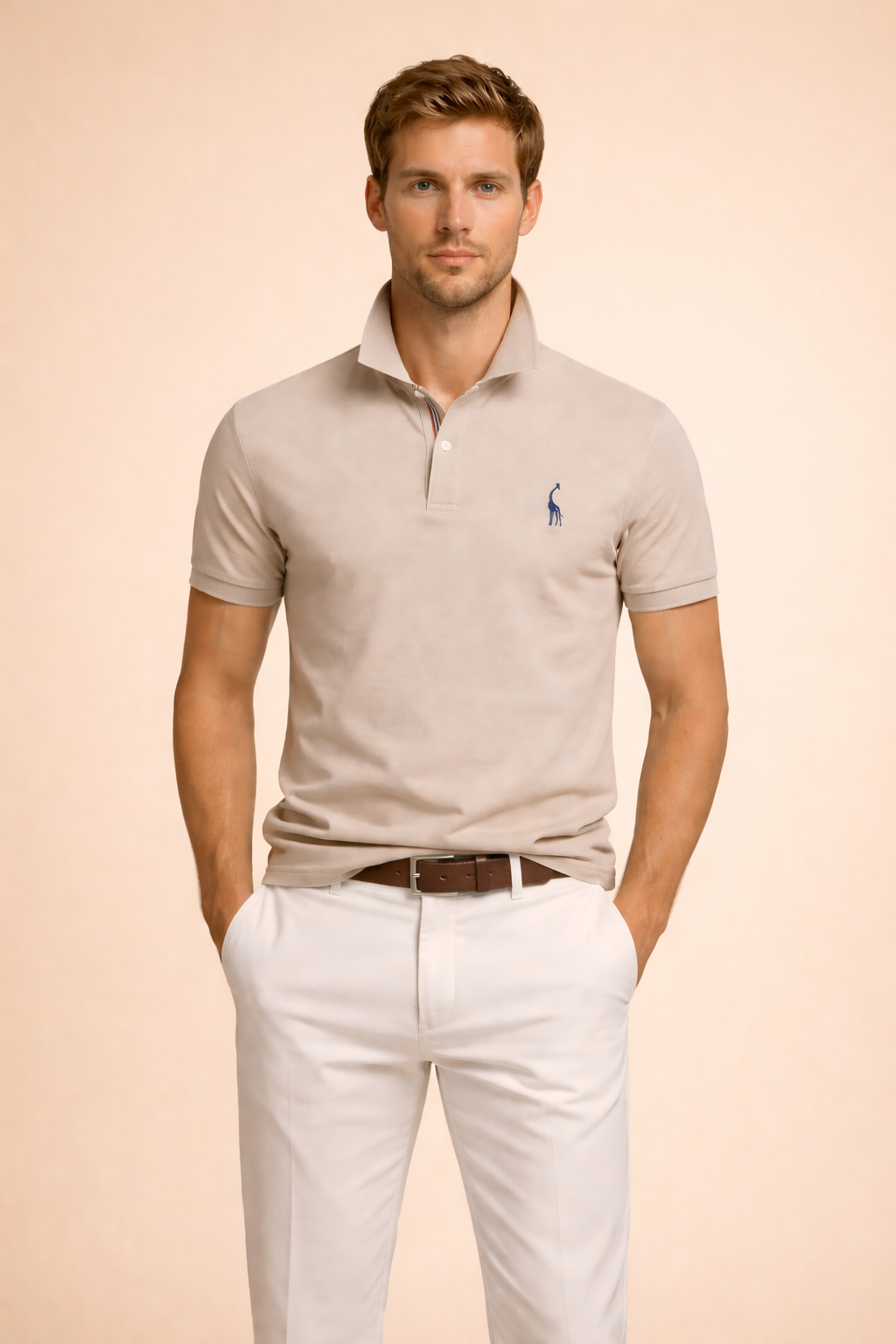 A man wearing a men's classic collared polo shirt, showcasing its comfortable and tailored fit.