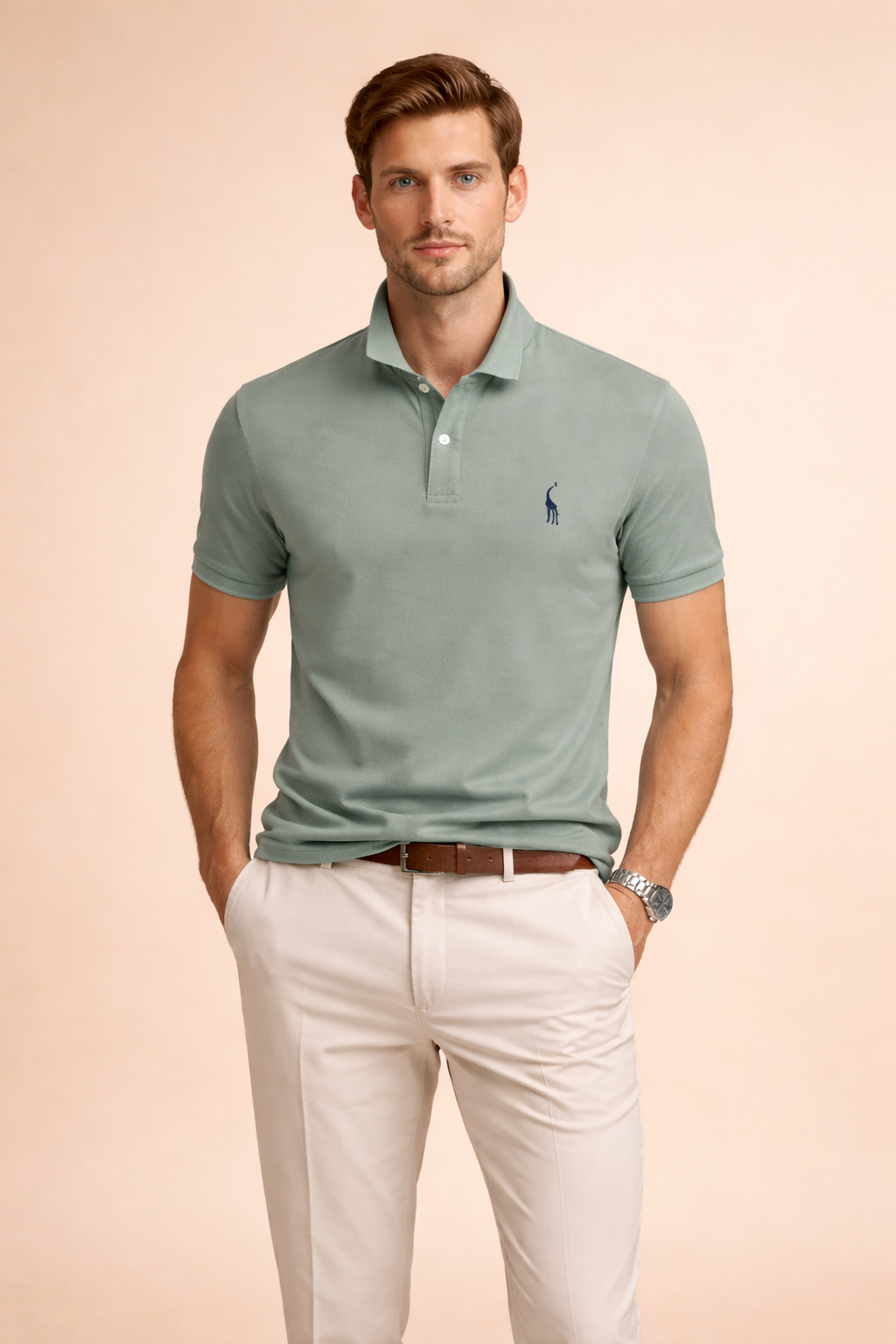 Model posing in a men's smart casual collared polo shirt, emphasizing its timeless style and versatility.