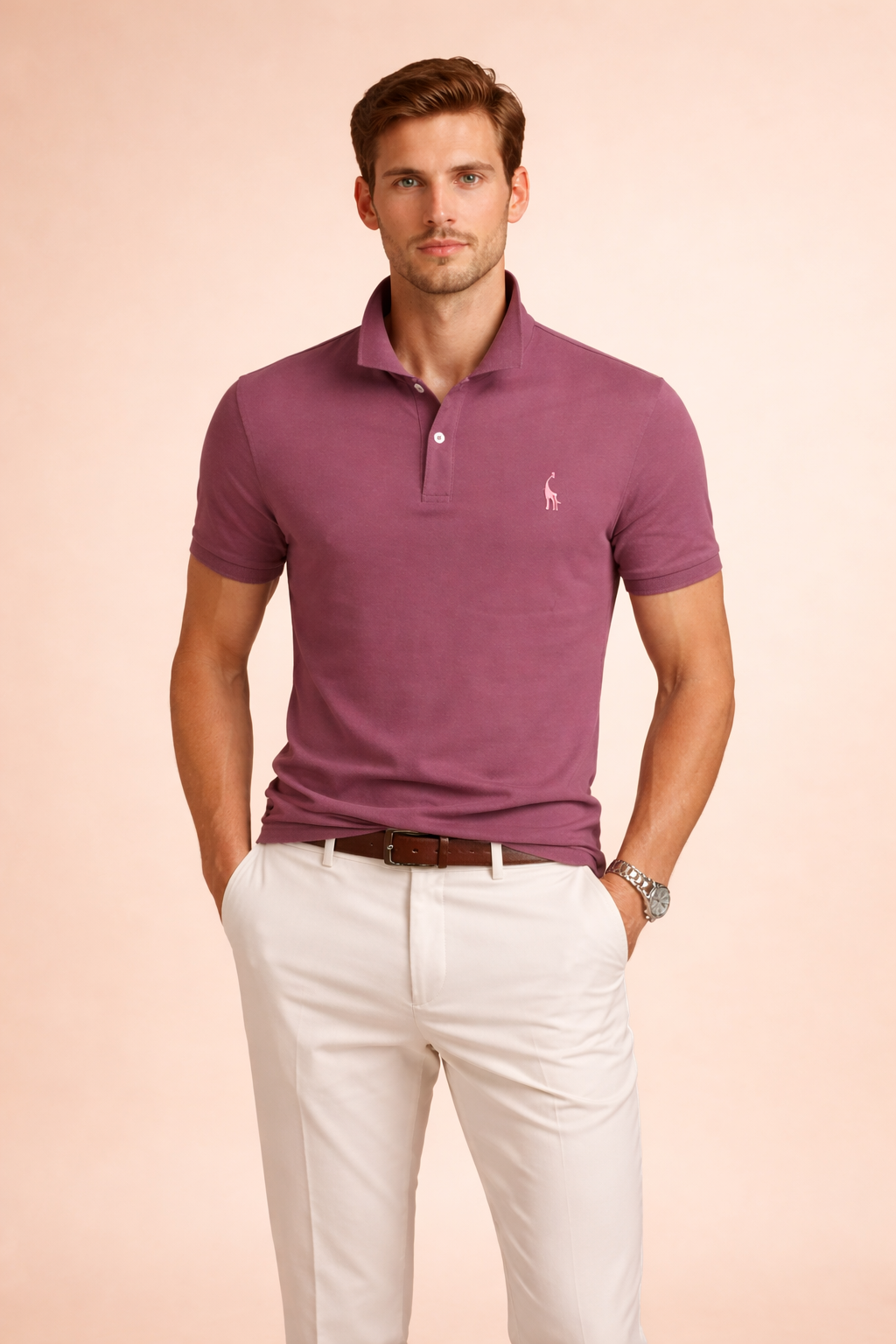 Front view of a men's classic polo shirt with collar and button neck, an ideal versatile wear option.