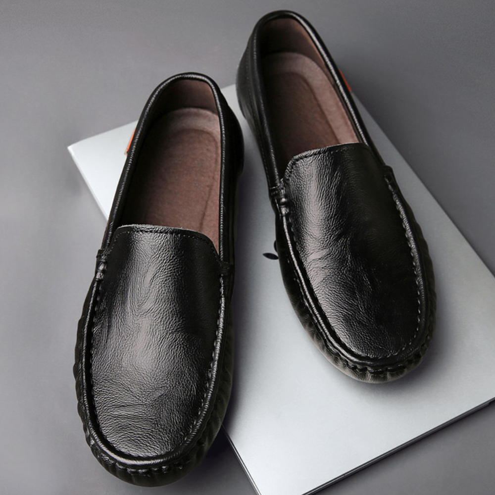 Close-up of comfortable men's slip-on loafers, showcasing stitched detailing