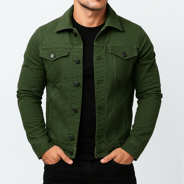 Men's classic solid denim jacket in blue, featuring timeless style and comfortable fit.