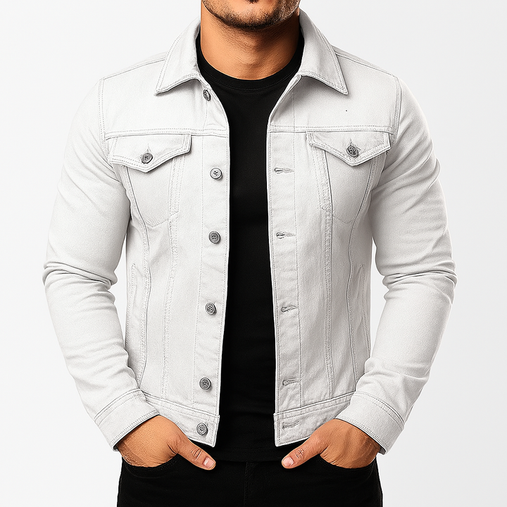 Streetwear essential: a versatile men's blue denim jacket for casual spring and autumn wear.