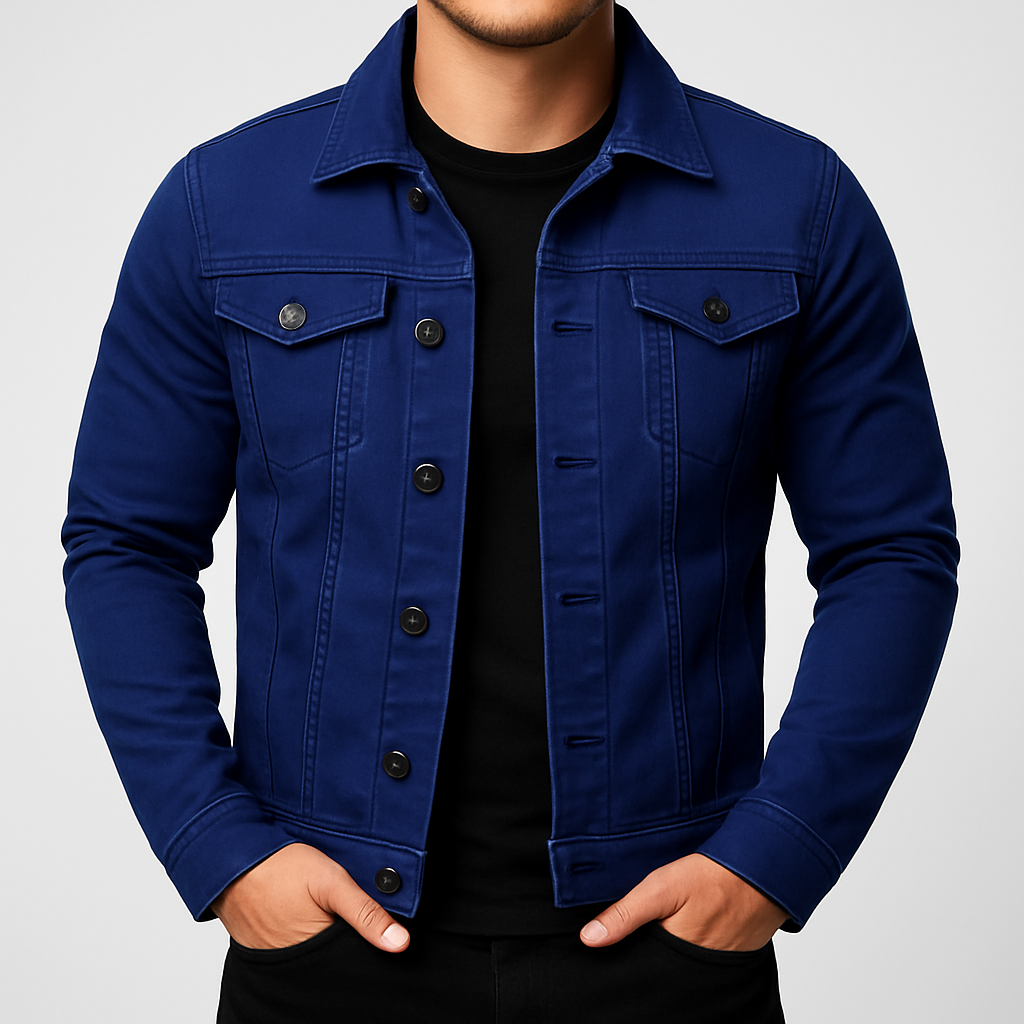 Close-up of men's classic denim jacket, highlighting durable fabric and traditional design.