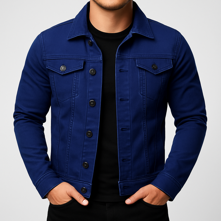 Close-up of men's classic denim jacket, highlighting durable fabric and traditional design.