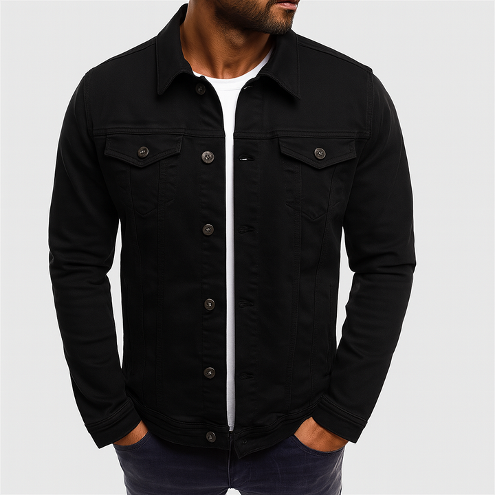 Model wearing a men's solid denim jacket, showcasing its casual and fashionable outerwear appeal.