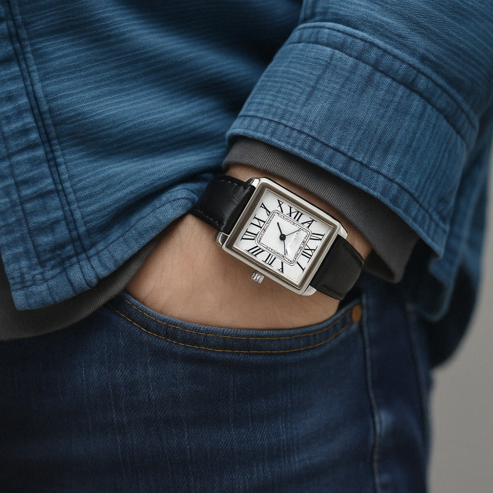 Men's classic square analog dress watch with retro style Roman numerals