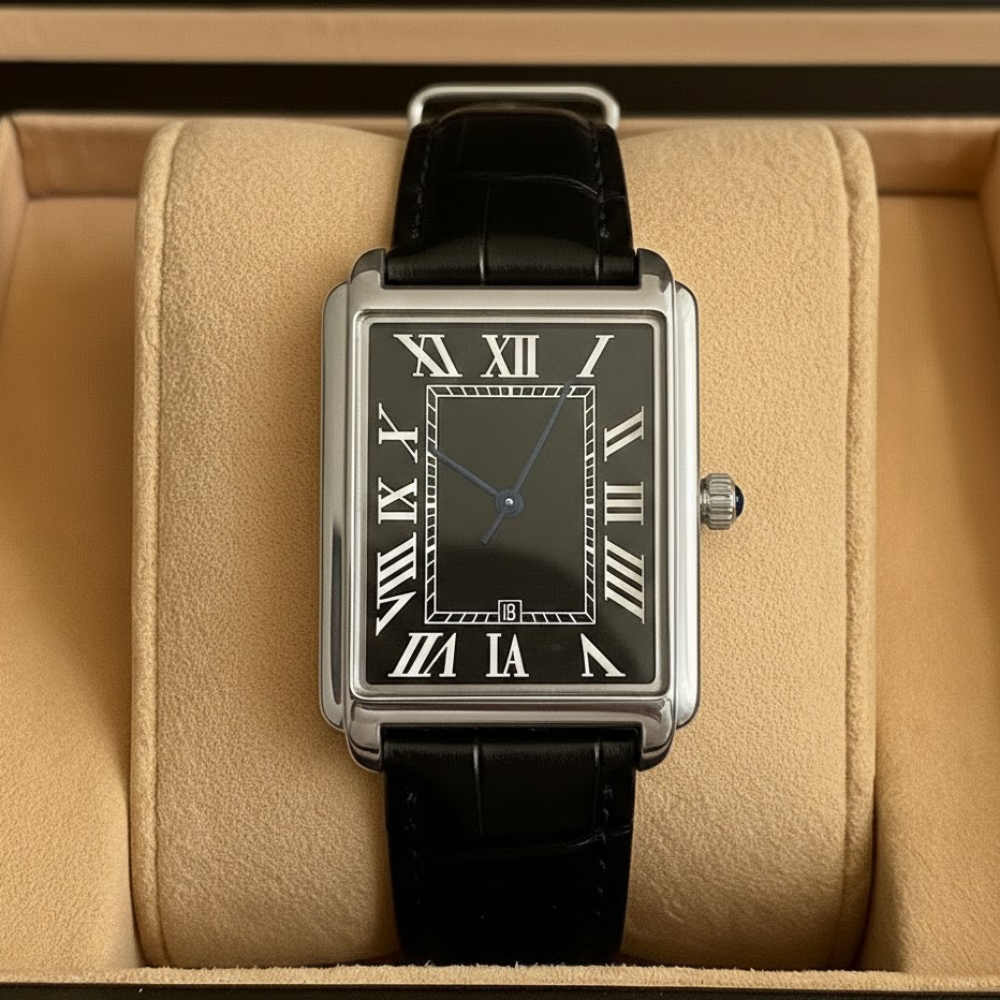 A sophisticated men's quartz dress watch with a striking square analog display