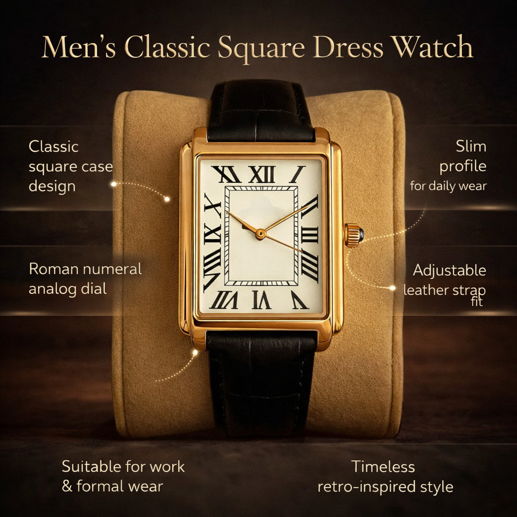 Elegant men's dress watch with a classic square design and Roman numeral markers