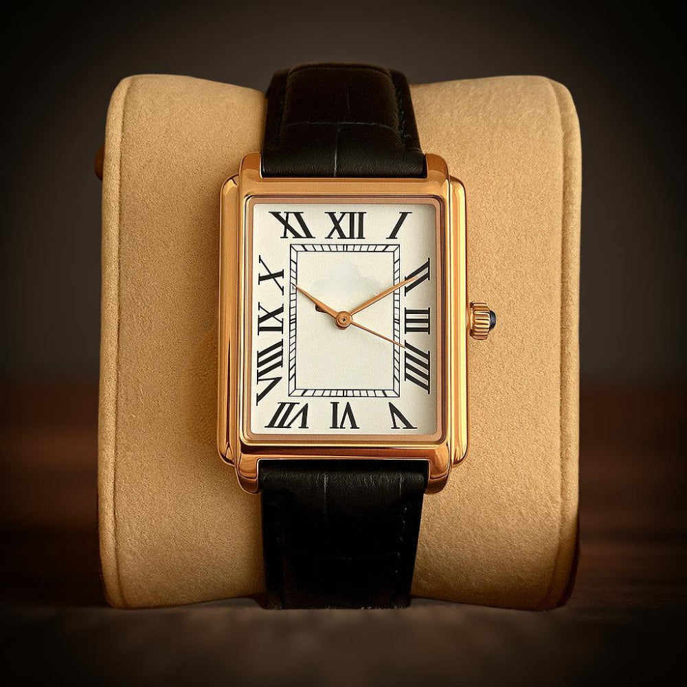 Close-up of men's square dress watch showcasing Roman numerals and analog hands