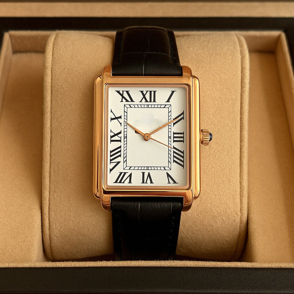 Stylish men's analog watch with a unique square case and classic black leather band