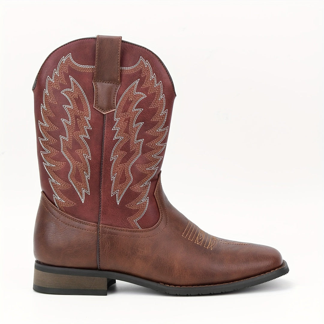Men's classic Western cowboy boots, mid-calf, pointed toe. Rugged & durable for all seasons.