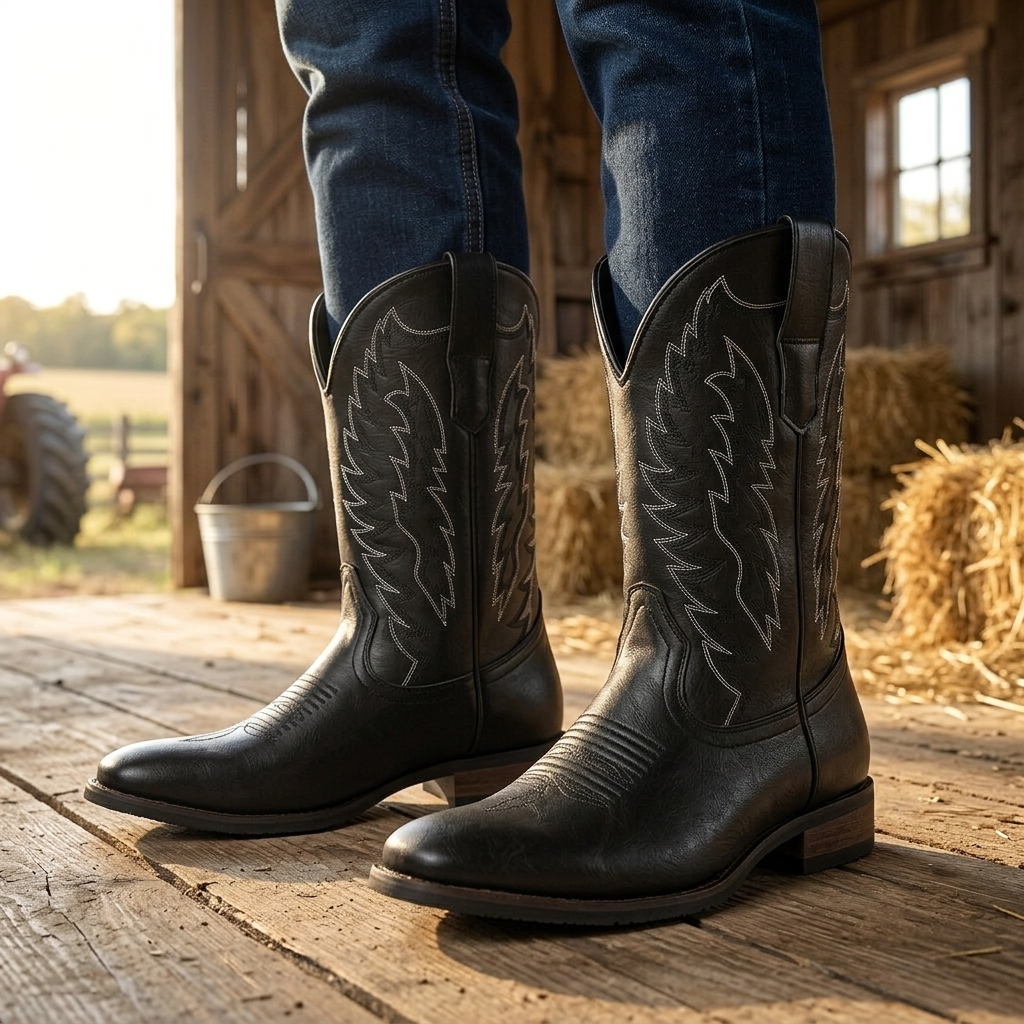 Men's rugged mid-calf cowboy boots. Classic Western design, durable construction, pointed toe.
