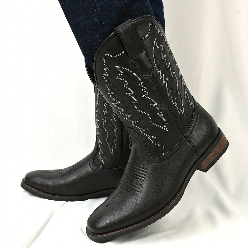 Stylish men's classic Western cowboy boots. Mid-calf, pointed toe, rugged fashion for modern cowboys.
