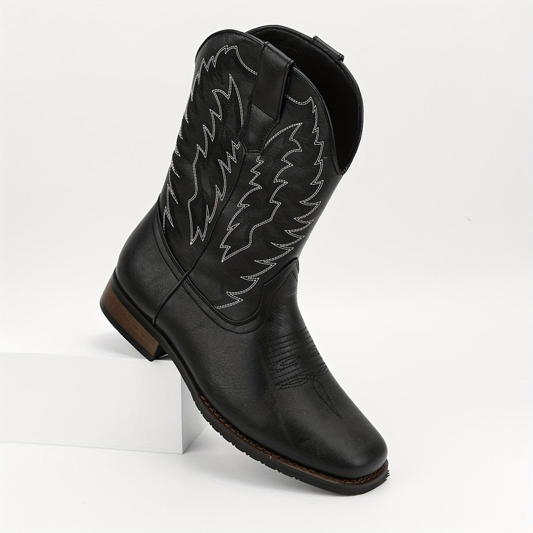 Durable men's mid-calf cowboy boots. Classic Western style, pointed toe. Perfect rugged footwear.