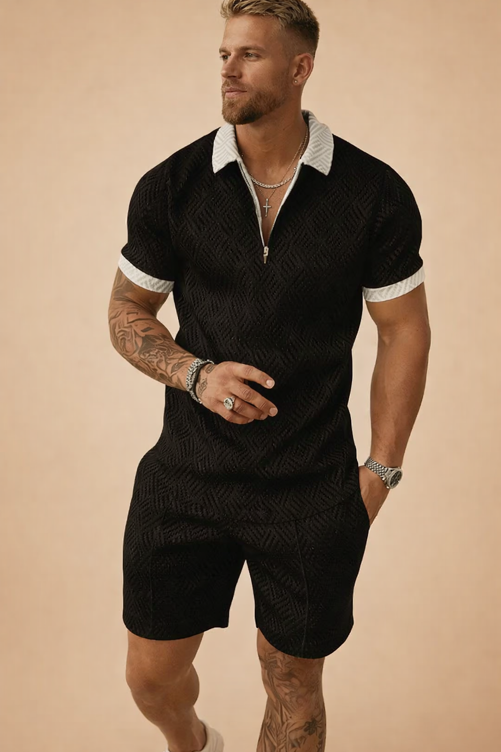 Men's collared polo shirt and shorts set for summer casual wear.