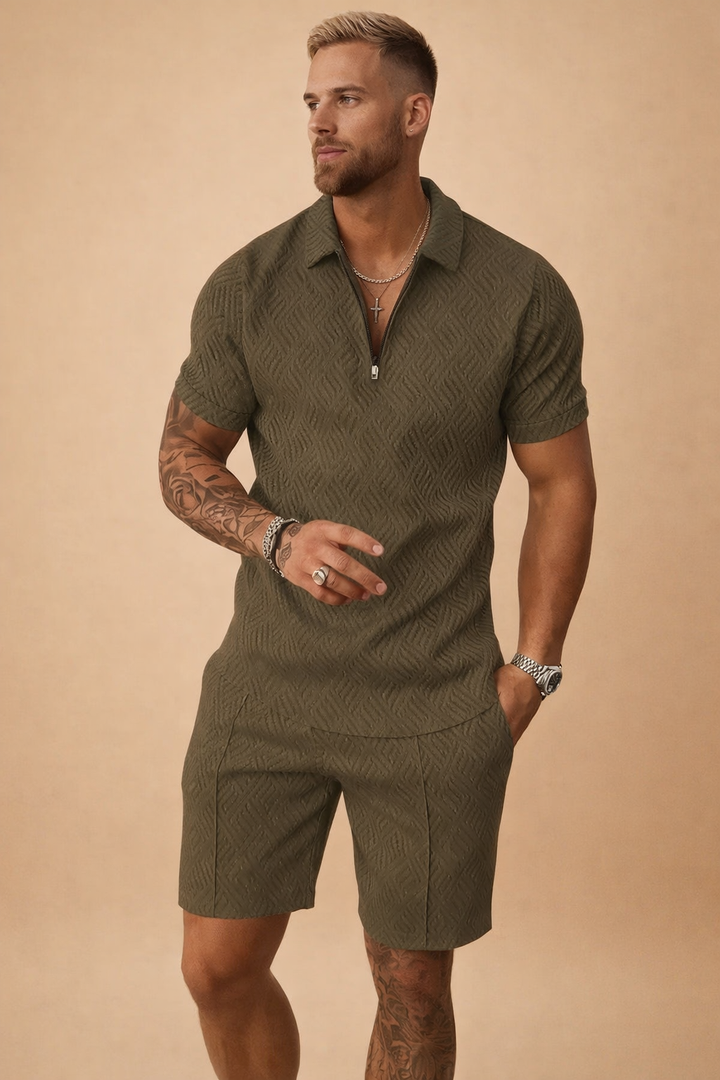 Stylish two-piece men's set featuring a classic polo shirt and tailored shorts.